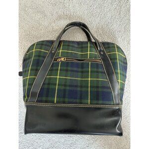 vintage Mid-century Serval Bag blue/green plaid carry On Zipper